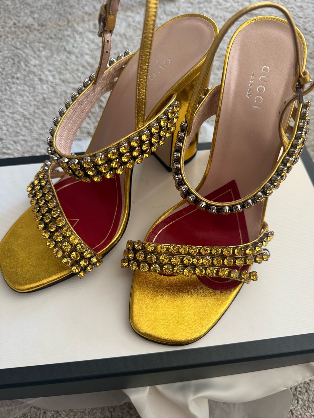 Gucci Metallic Gold Jeweled Slingback Heels